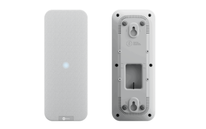 Two views of a tall, rounded smart speaker: front with perforated white mesh and a blue status light; rear shows mounting area with screw holes and ventilation.