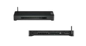 Two views of a black network appliance: front with green LEDs and a single antenna, and rear with multiple ports and another antenna for rugged enterprise use.